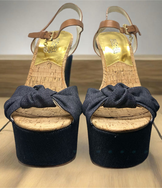 MICHAEL Michael Kors Benji Dark Blue Denim Platform Wedge Sandal NWOT Size 6.5 M